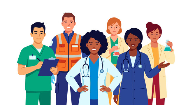 Diverse Group of Healthcare Professionals and Essential Workers Vector Illustration