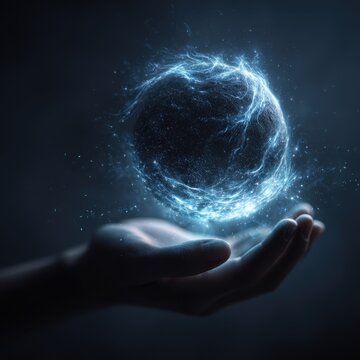 Hand holding glowing blue energy sphere with electric sparks and cosmic particles in dark mystical background concept of power and magic
