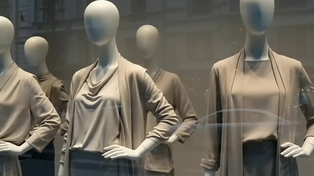 Mannequins in a store window display showcasing modern fashion apparel.