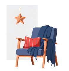 Minimalist flat vector illustration of a blue armchair with a red striped pillow navy blanket and star decoration. © Husnayaini