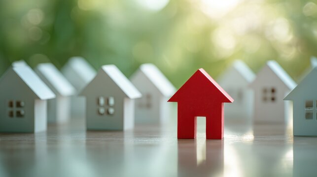 Conceptual real estate or housing market idea featuring a standout red house model among multiple white houses symbolizing selection and investment opportunity