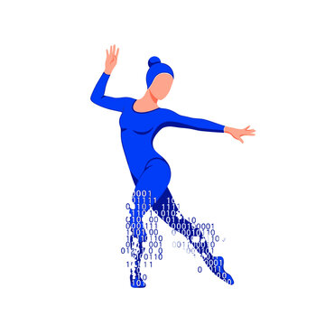 Minimalist graphic of a female dancer in a blue bodysuit with legs morphing into binary digits, symbolizing the fusion of human creativity and digital technology, artificial intelligence, innovation