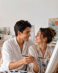Fototapeta premium Happy Couple Painting Together in a Bright Art Studio