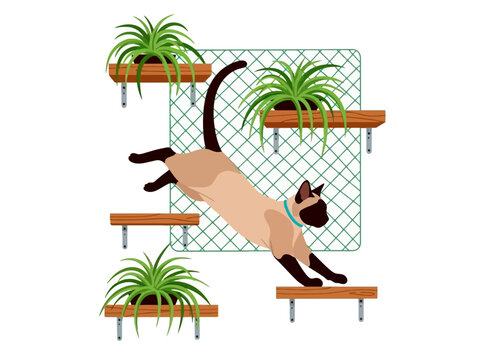 Flat vector illustration of a Siamese cat leaping across wooden wall shelves adorned with spider plants against a white background.