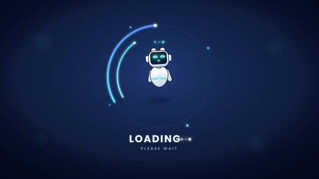 AI robot assistant character waits beside rotating loading spinner on dark blue background