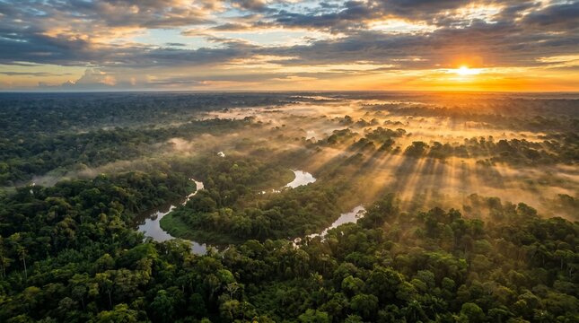 Sunrise over the Amazon rainforest with mist and sunbeams illuminating the canopy