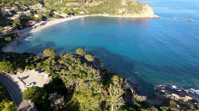 Aerial view of Elba Island. Cavoli Beach and Southern Coastline in summer season. Drone viewpoint. Slow motion