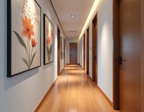 Modern hotel corridor with wood doors and art on wall. Empty walkway with bright lights and polished floor. Interior design for comfort and style.