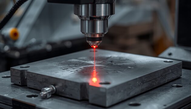 Industrial laser engraving machine working on a metal plate in a factory setting