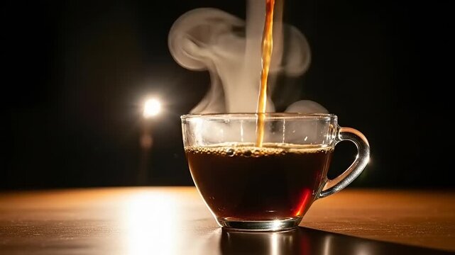 Pouring hot coffee into a clear glass cup with steam rising on a dark background.