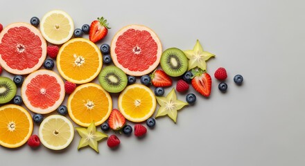 Obraz premium A vibrant assortment of sliced citrus, whole berries, and tropical fruits arranged artfully on a neutral background with natural lighting, vegan, still life, wellness