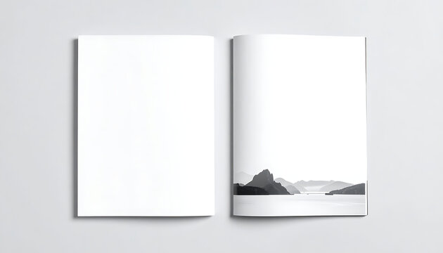 Open blank magazine mockup with landscape scenery, brochure branding, editorial layout