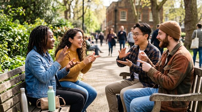 Diverse friends communicating joyfully using sign language in a park setting