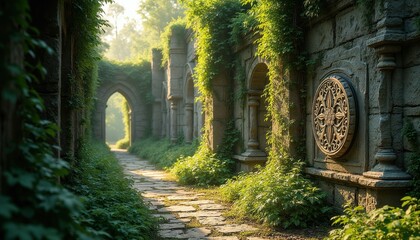 Fototapeta premium Ancient stone structure with arches overgrown by green ivy plants. Stone path leads through weathered ruins bathed in soft sunlight. Nature reclaims old architecture, creating serene, forgotten