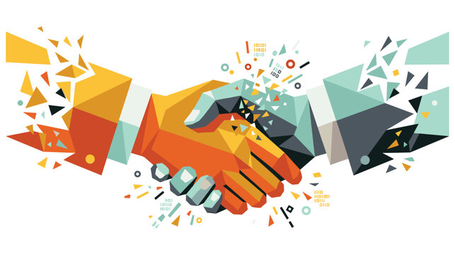 Abstract geometric handshake illustration representing digital partnership and connection.