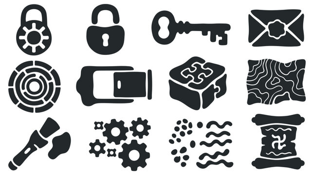 Escape Room Game Elements and Puzzle Icons Set.
