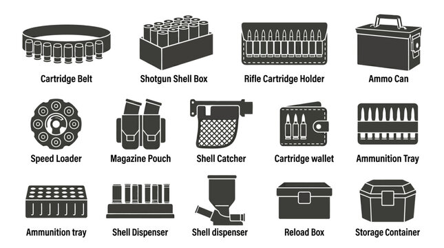  Includes: cartridge belt, shotgun shell box, rifle cartridge holder, ammo can, speed loader, magazine pouch, shell catcher, cartridge wallet, ammunition tray, shell dispenser, reload box, storage con
