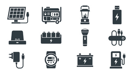Fototapeta premium Includes: solar panel charger, portable generator, rechargeable lantern, USB battery pack, charging dock, battery organizer, flashlight charger, cable organizer, power adapter, energy meter, backup 