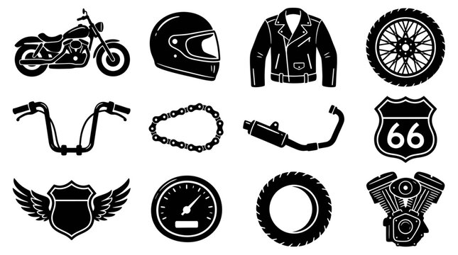 Motorcycle and Biker Gear Silhouettes Collection.