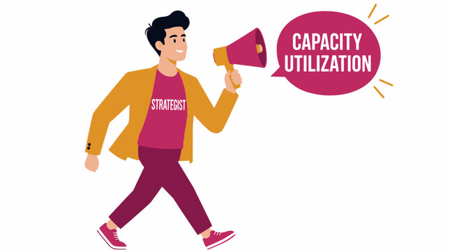 Man with megaphone promoting capacity utilization concept.