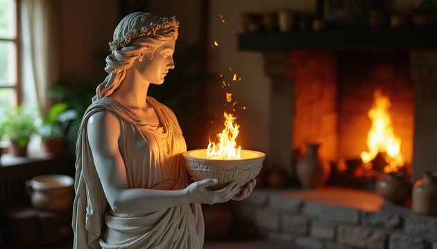 Statue of goddess Hestia holds fire bowl near fireplace hearth. Interior scene evokes home warmth and peace. Ancient Greek mythology figure protects domesticity, comfort, family life.