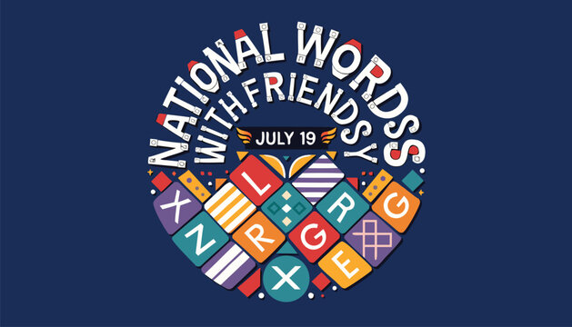 Colorful national words with friends logo design on dark blue background