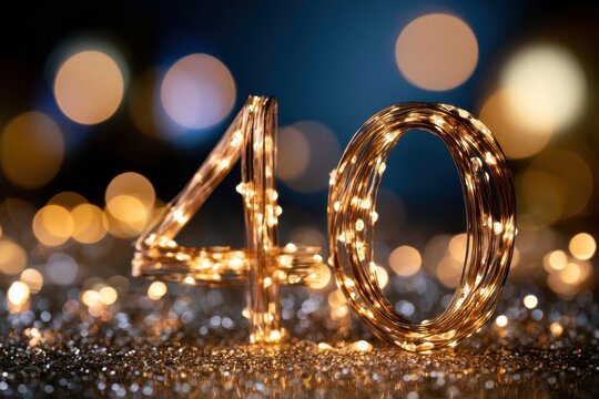 Decorative illuminated number 40 created with string lights glowing warmly on a sparkling surface with festive bokeh background for celebration or milestone event