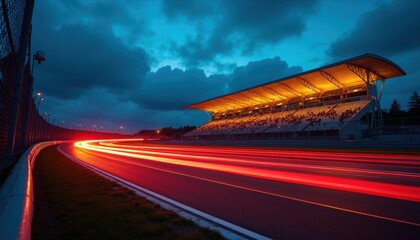 Naklejka premium Race track illuminated grandstand at dusk with light streaks from passing cars. Spectators watch motorsport event. Night racing ambiance. Speed and motion concept.