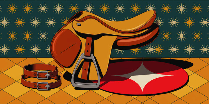 Vintage western horse saddle illustration with stirrup and straps on geometric floor and retro star pattern background