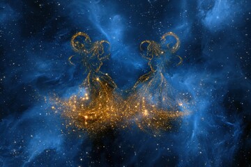 Naklejka premium Twin celestial figures created from sparkling golden stars and cosmic dust blending into a mystical deep blue nebula with a starry background in outer space