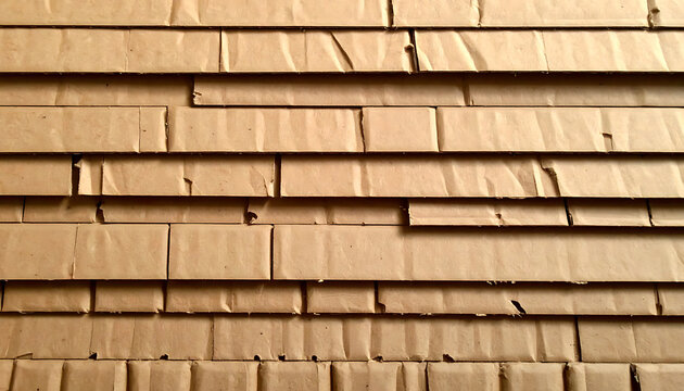 Layered corrugated cardboard texture, rustic paper stripes, stackable shipping material, recycling pattern, brown surface backdrop
