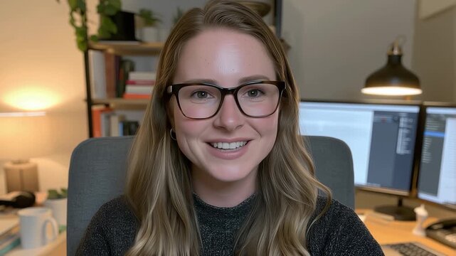 Smiling woman wearing glasses at home office remote work desk video