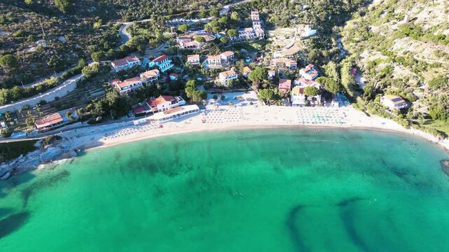Aerial view of Elba Island. Cavoli Beach and Southern Coastline in summer season. Drone viewpoint. Slow motion