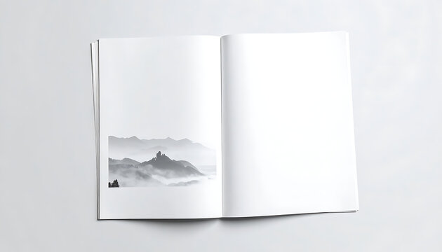 Open magazine mockup with blank pages featuring a small grayscale mountain landscape illustration