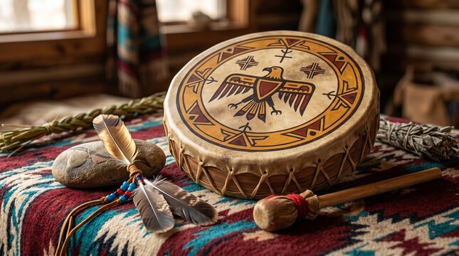 Sacred indigenous drum with eagle symbol and feathers on a patterned blanket