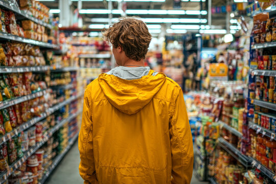 Young person wearing a yellow jacket shopping in a grocery store aisle filled with various colorful packaged food products on shelves