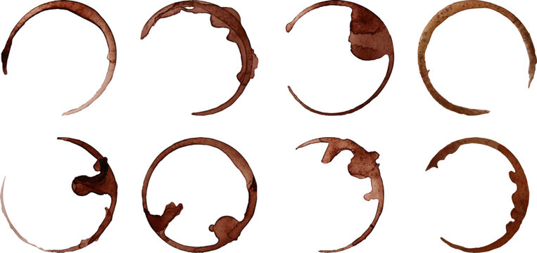 Coffee cup rings stain with watercolor texture. Circular marks perfect for cafe branding, vintage backgrounds, or creative design projects