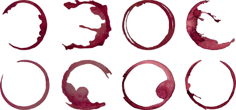 Set of wine marks and glass ring stains. Red hand drawn watercolor splashes isolated on white background