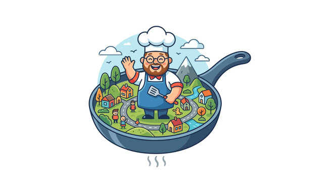 Cheerful Chef Character Standing in a Frying Pan with a Miniature World Village Landscape