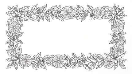 Obraz premium Intricate botanical frame illustration with citrus slices, leaves, and blossoms in a decorative border design.