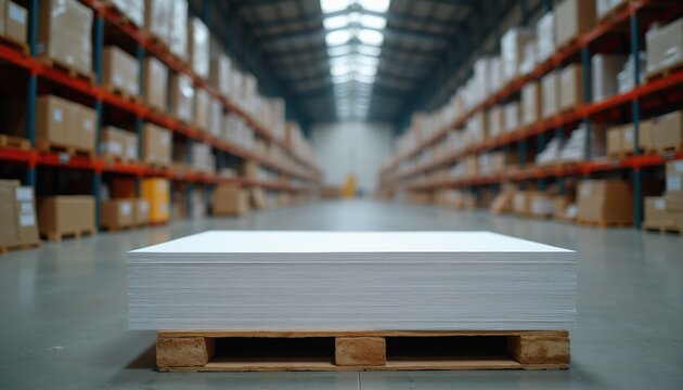 Stack of white plasterboard sheets rests on wooden pallet inside large warehouse. Rows of shelves with boxes extend into distance. Industrial storage and distribution center interior.