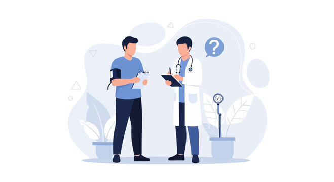 Doctor examining patient, taking notes, measuring blood pressure, medical consultation, healthcare concept, vector illustration