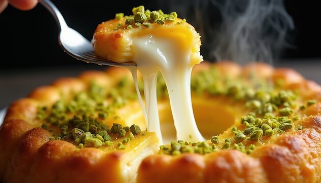 Hot kunefe with gooey cheese pulled on fork. Sweet pastry topped with crushed pistachios. Delicious Middle Eastern dessert steaming, served warm.