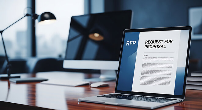 Professional business proposal document binder resting on a corporate mahogany desk within a modern bright office environment, featuring formal paperwork for a commercial project request.
