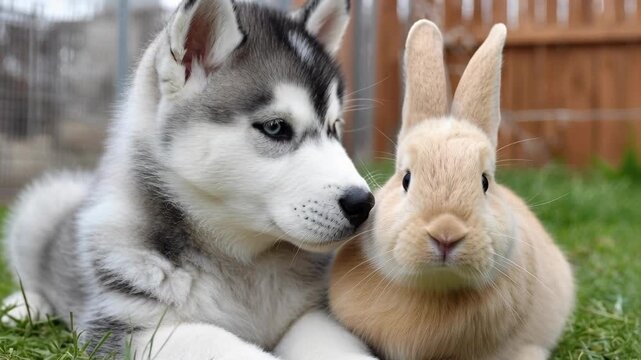 A close-up shot of a cute husky puppy snuggling with a small brown bunny on green grass outdoors.