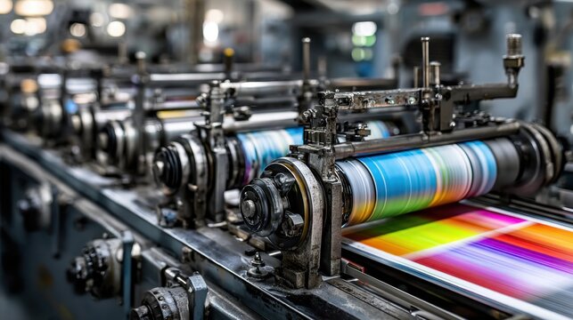 Industrial printing machine producing vibrant, multicolor printed sheets in a modern manufacturing facility with detailed mechanical components in motion