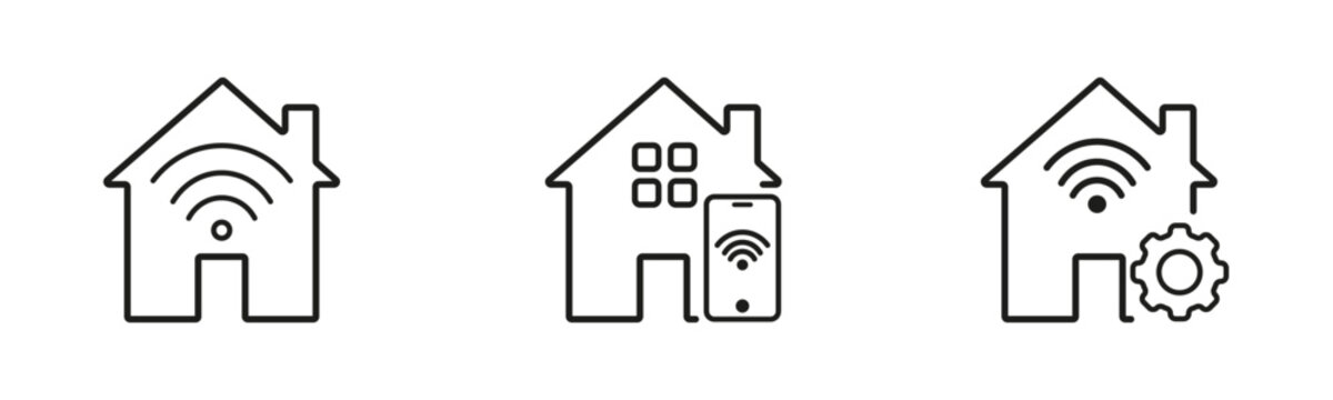 Smart home icon set. Collection of connected house, wireless automation, and home control symbols representing smart living, IoT technology, home security, and connected devices.