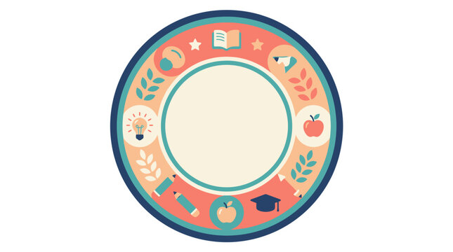 Round educational emblem with school-themed icons in a circle