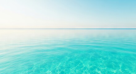 Fototapeta premium A serene minimalist seascape featuring a thin horizon line separating calm turquoise water from a clear pale sky with soft hazy light, simple, ripple, water