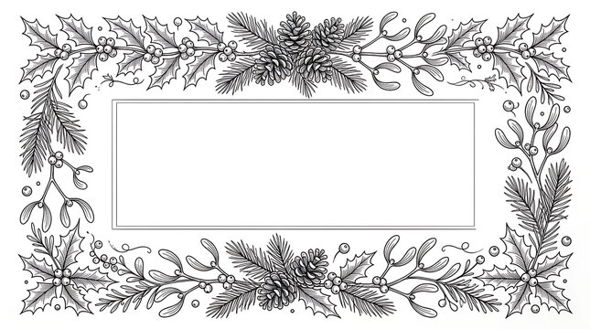 Intricate hand-drawn black and white Christmas botanical frame with holly, mistletoe, and pine branches, perfect for festive designs.